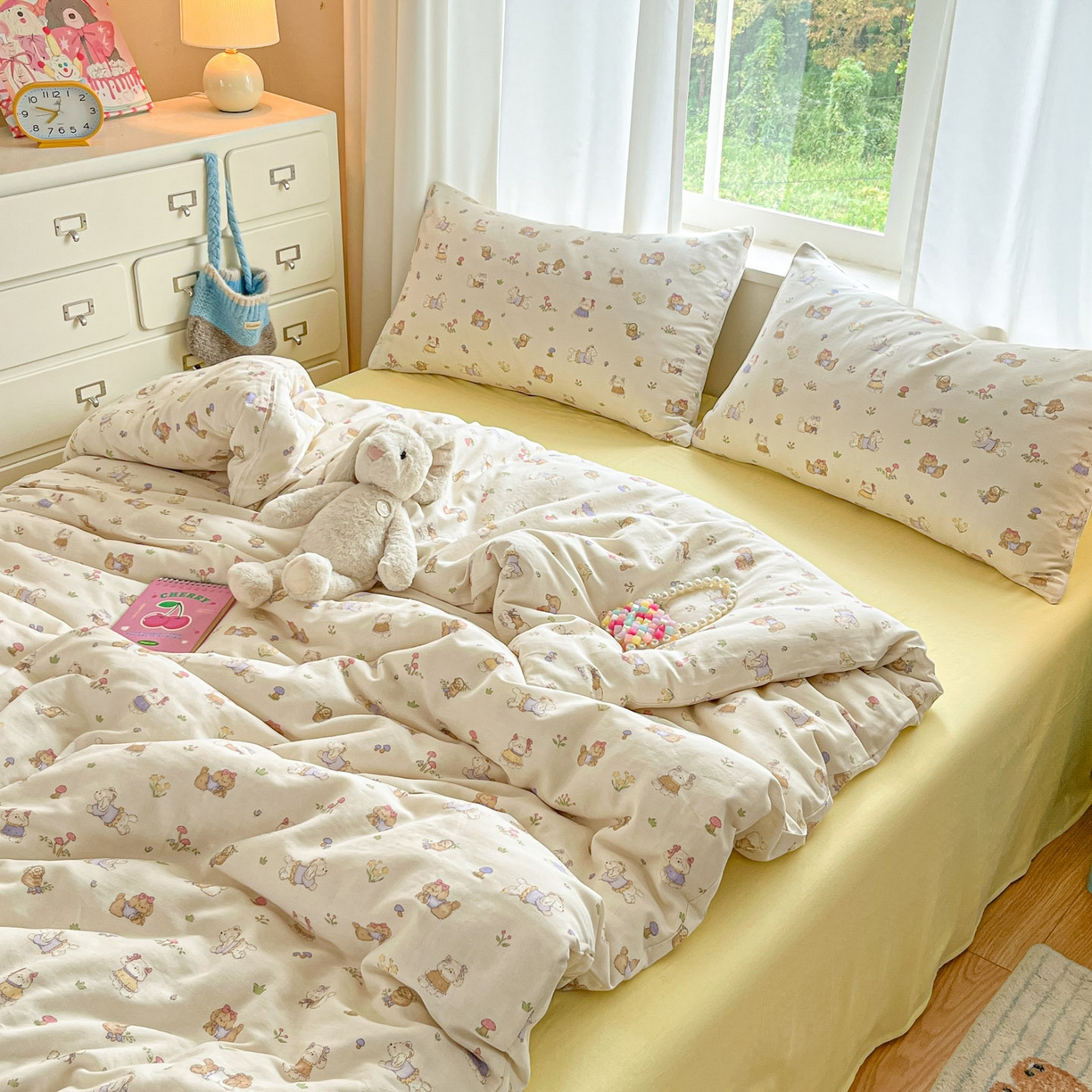 91家纺网 家纺一手货源 找家纺 一比一家纺 2025新款全棉双层纱四件套欢喜萌宠