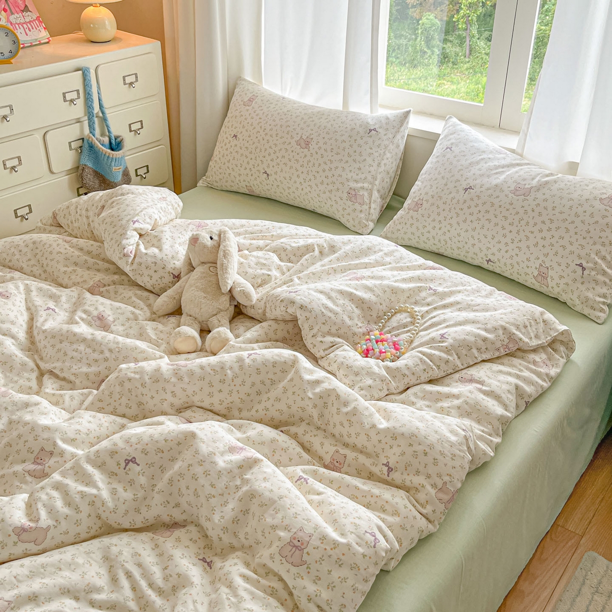 91家纺网 家纺一手货源 找家纺 一比一家纺 2025新款全棉双层纱四件套快乐小狗