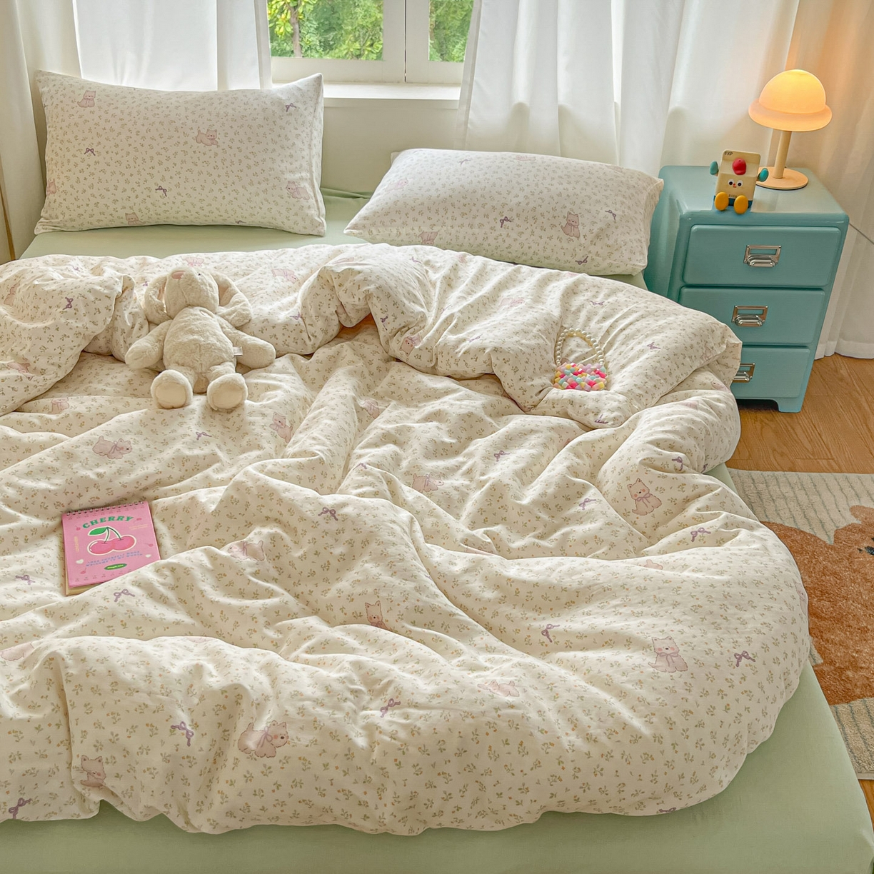 91家纺网 家纺一手货源 找家纺 一比一家纺 2025新款全棉双层纱四件套快乐小狗