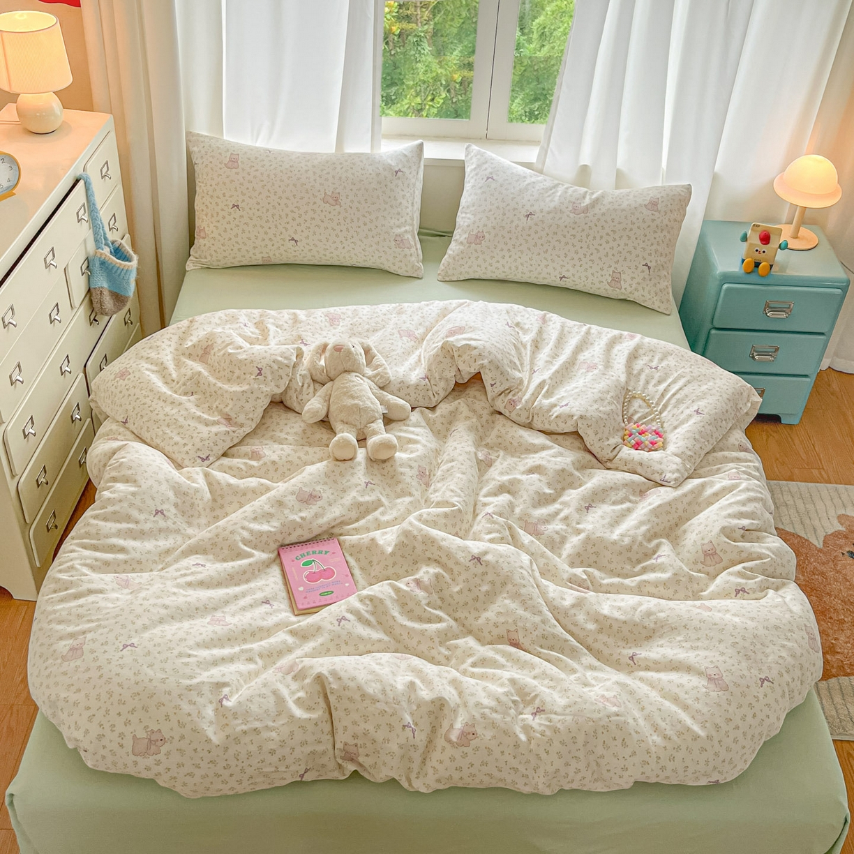 91家纺网 家纺一手货源 找家纺 一比一家纺 2025新款全棉双层纱四件套快乐小狗