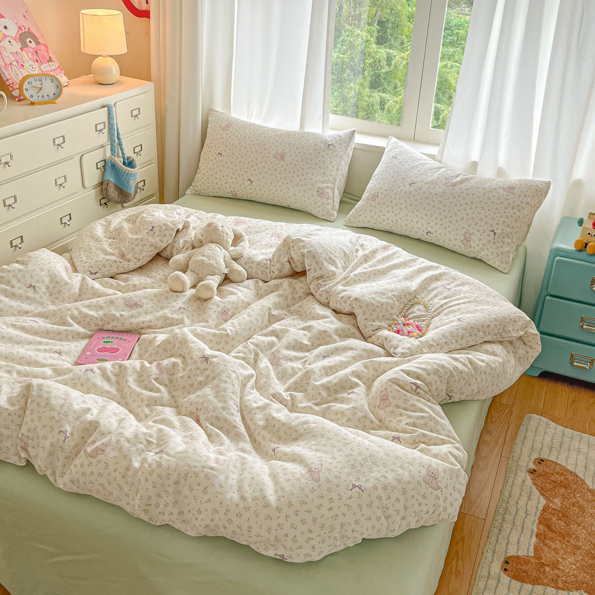 91家纺网 家纺一手货源 找家纺 一比一家纺 2025新款全棉双层纱四件套快乐小狗