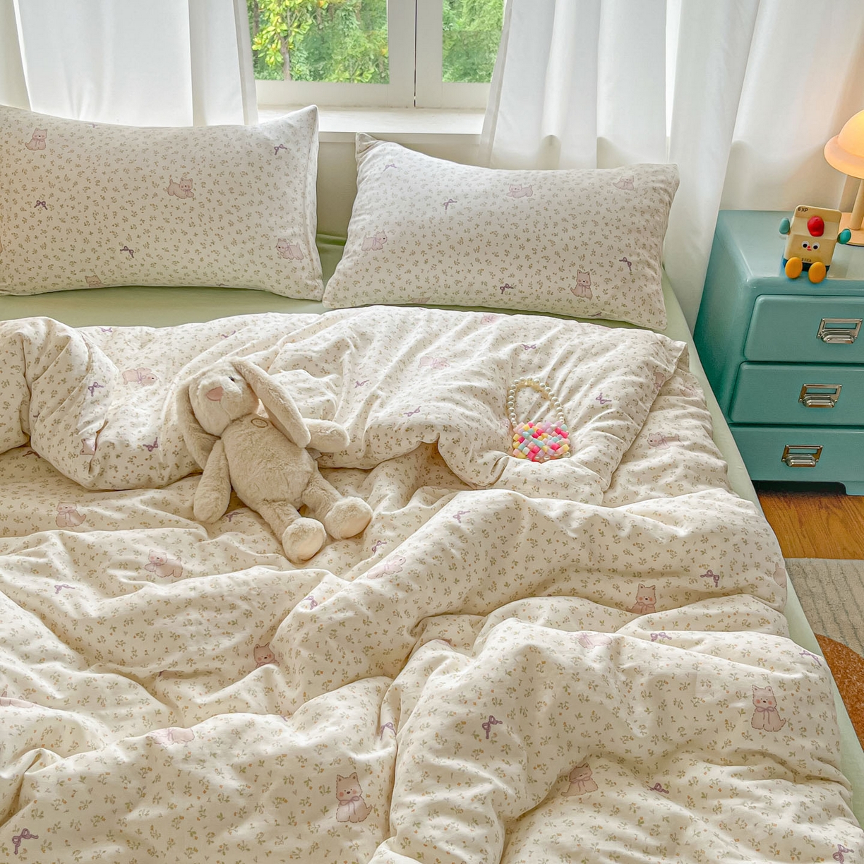 91家纺网 家纺一手货源 找家纺 一比一家纺 2025新款全棉双层纱四件套快乐小狗