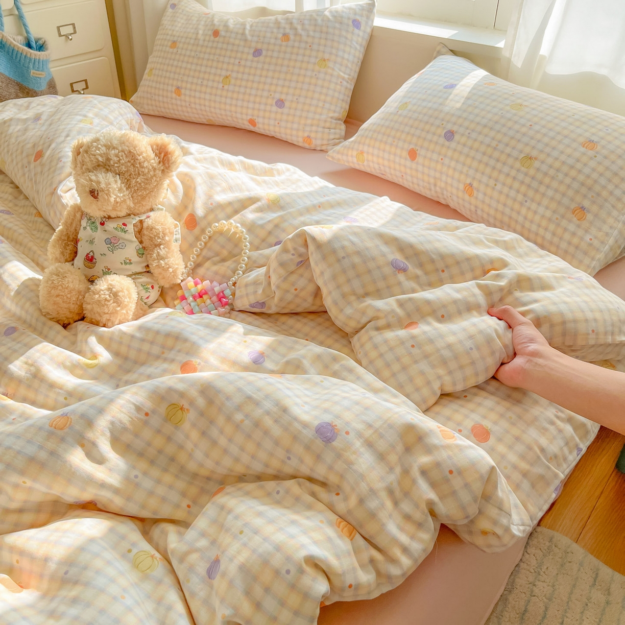 91家纺网 家纺一手货源 找家纺 一比一家纺 2025新款全棉双层纱四件套南瓜派