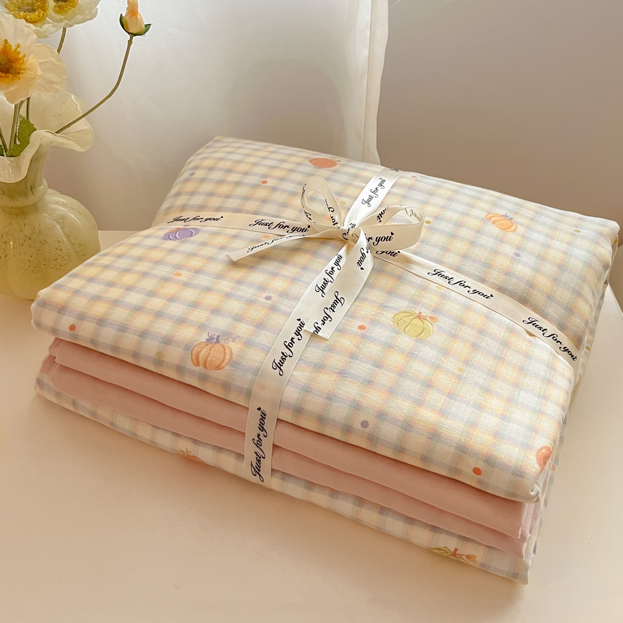 91家纺网 家纺一手货源 找家纺 一比一家纺 2025新款全棉双层纱四件套南瓜派