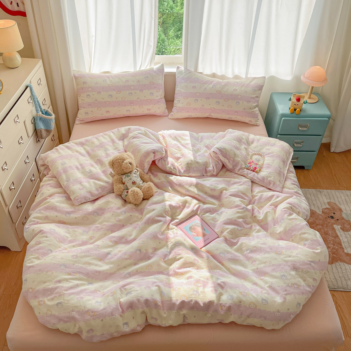 91家纺网 家纺一手货源 找家纺 一比一家纺 2025新款全棉双层纱四件套甜蜜时光