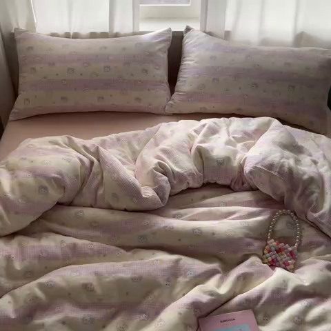 91家纺网 家纺一手货源 找家纺 一比一家纺 2025新款全棉双层纱四件套甜蜜时光