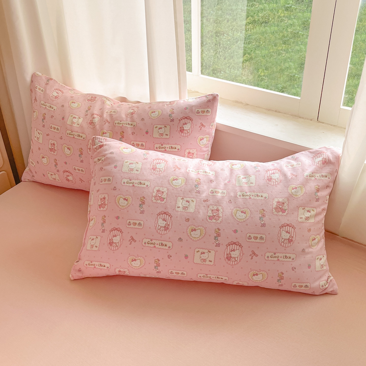 91家纺网 家纺一手货源 找家纺 一比一家纺 2025新款全棉双层纱四件套幸运喵