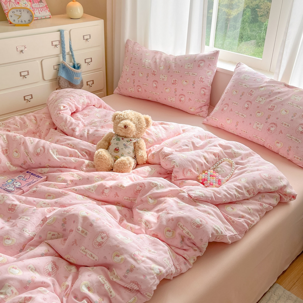 91家纺网 家纺一手货源 找家纺 一比一家纺 2025新款全棉双层纱四件套幸运喵