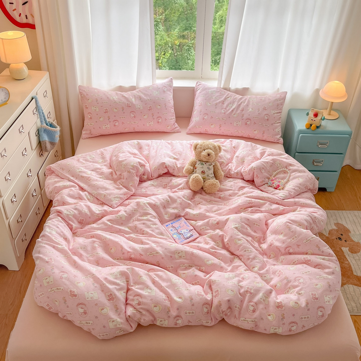 91家纺网 家纺一手货源 找家纺 一比一家纺 2025新款全棉双层纱四件套幸运喵