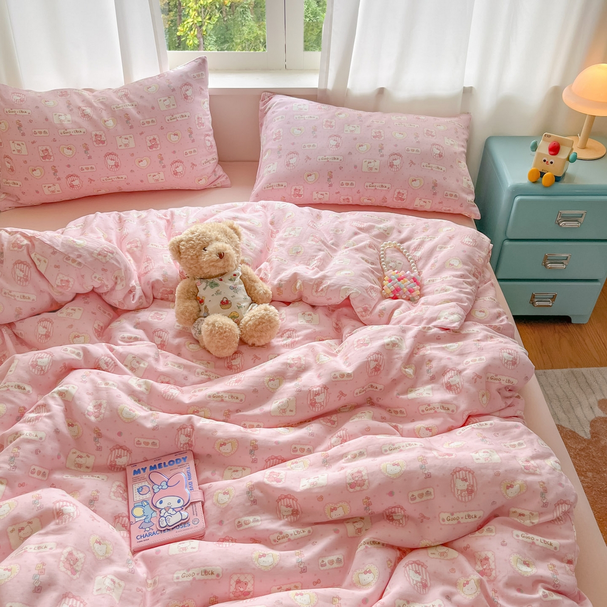 91家纺网 家纺一手货源 找家纺 一比一家纺 2025新款全棉双层纱四件套幸运喵