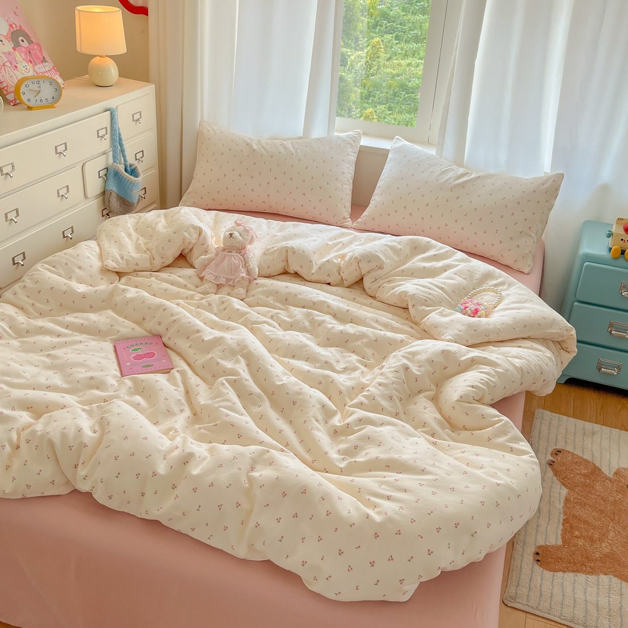 91家纺网 家纺一手货源 找家纺 一比一家纺 2025新款全棉双层纱四件套樱桃丸子