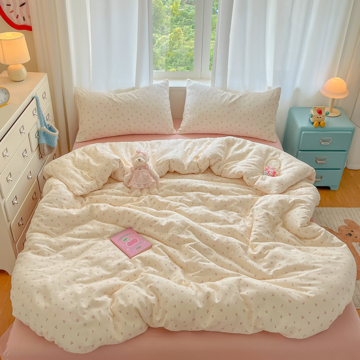 91家纺网 家纺一手货源 找家纺 一比一家纺 2025新款全棉双层纱四件套樱桃丸子