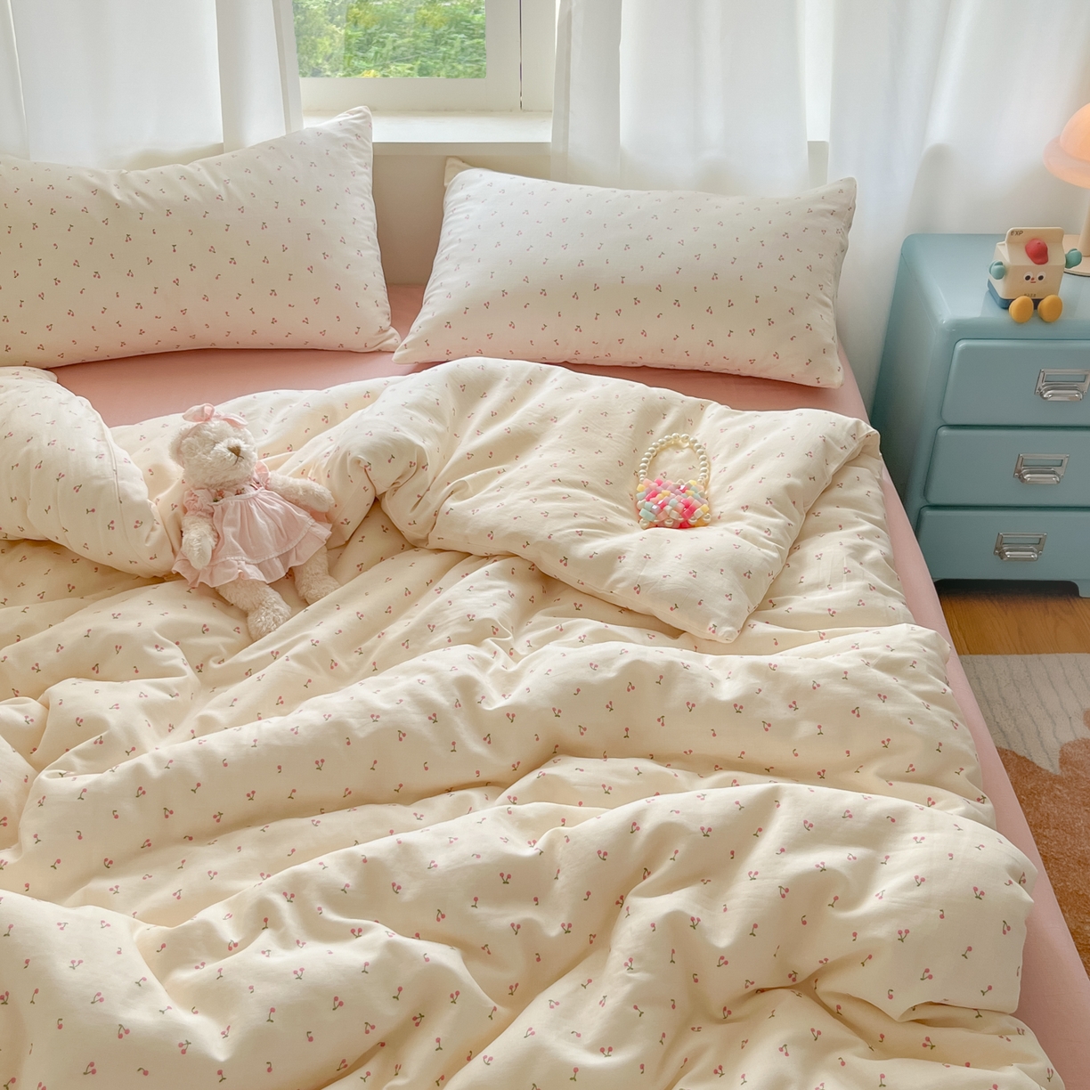 91家纺网 家纺一手货源 找家纺 一比一家纺 2025新款全棉双层纱四件套樱桃丸子