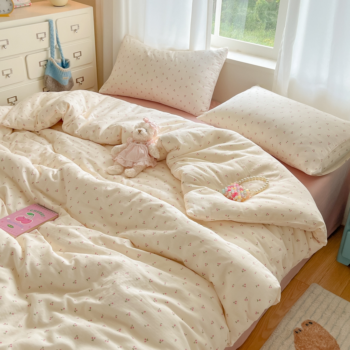 91家纺网 家纺一手货源 找家纺 一比一家纺 2025新款全棉双层纱四件套樱桃丸子