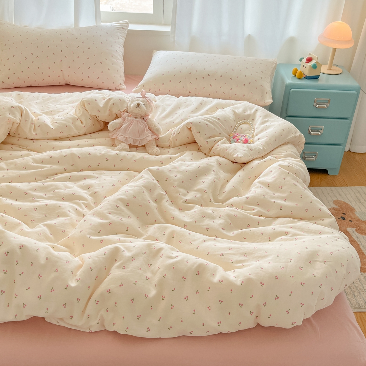 91家纺网 家纺一手货源 找家纺 一比一家纺 2025新款全棉双层纱四件套樱桃丸子