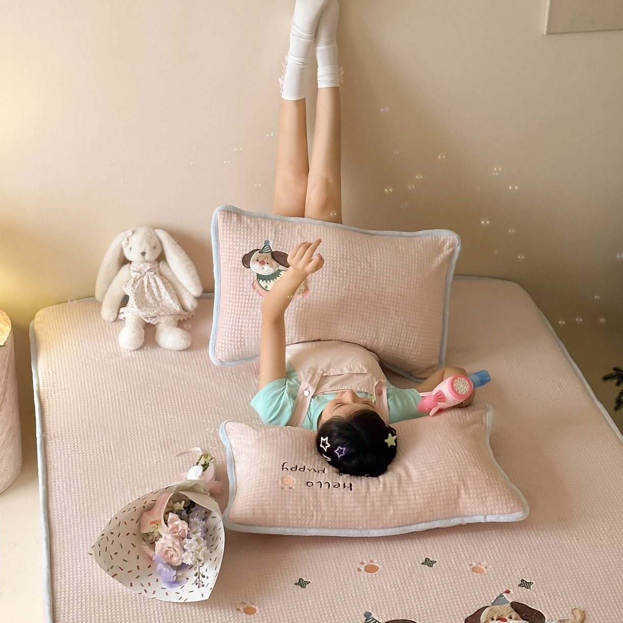 91家纺网 家纺一手货源 找家纺 （总）Sweet dreams甜梦 2025新款华夫格绒兔毛贴布床笠三件套