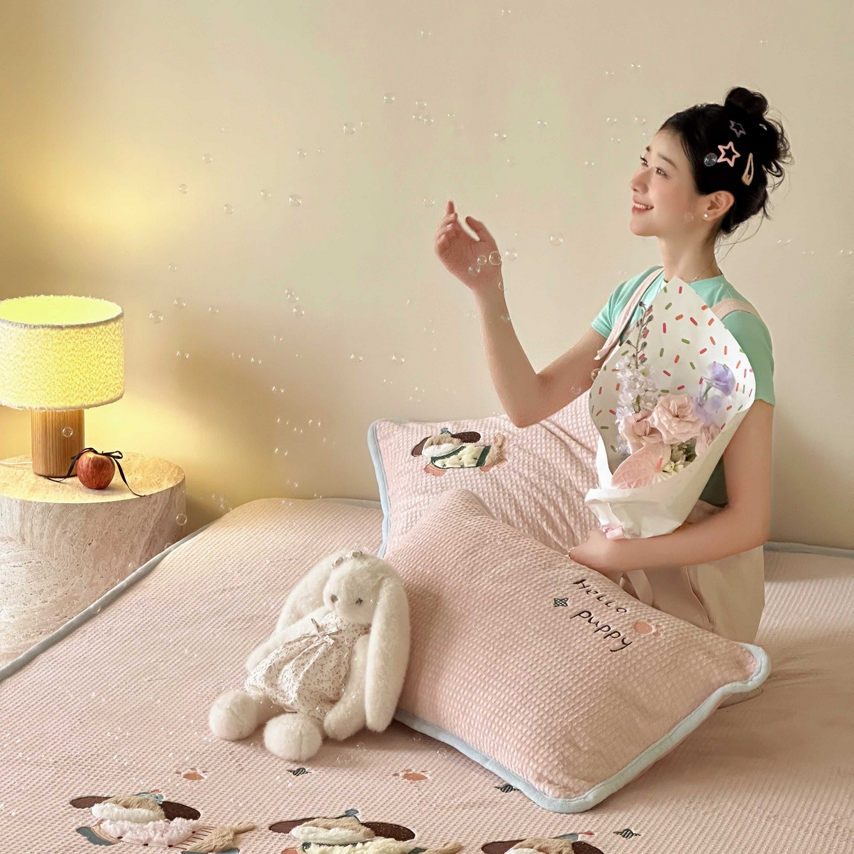 91家纺网 家纺一手货源 找家纺 （总）Sweet dreams甜梦 2025新款华夫格绒兔毛贴布床笠三件套