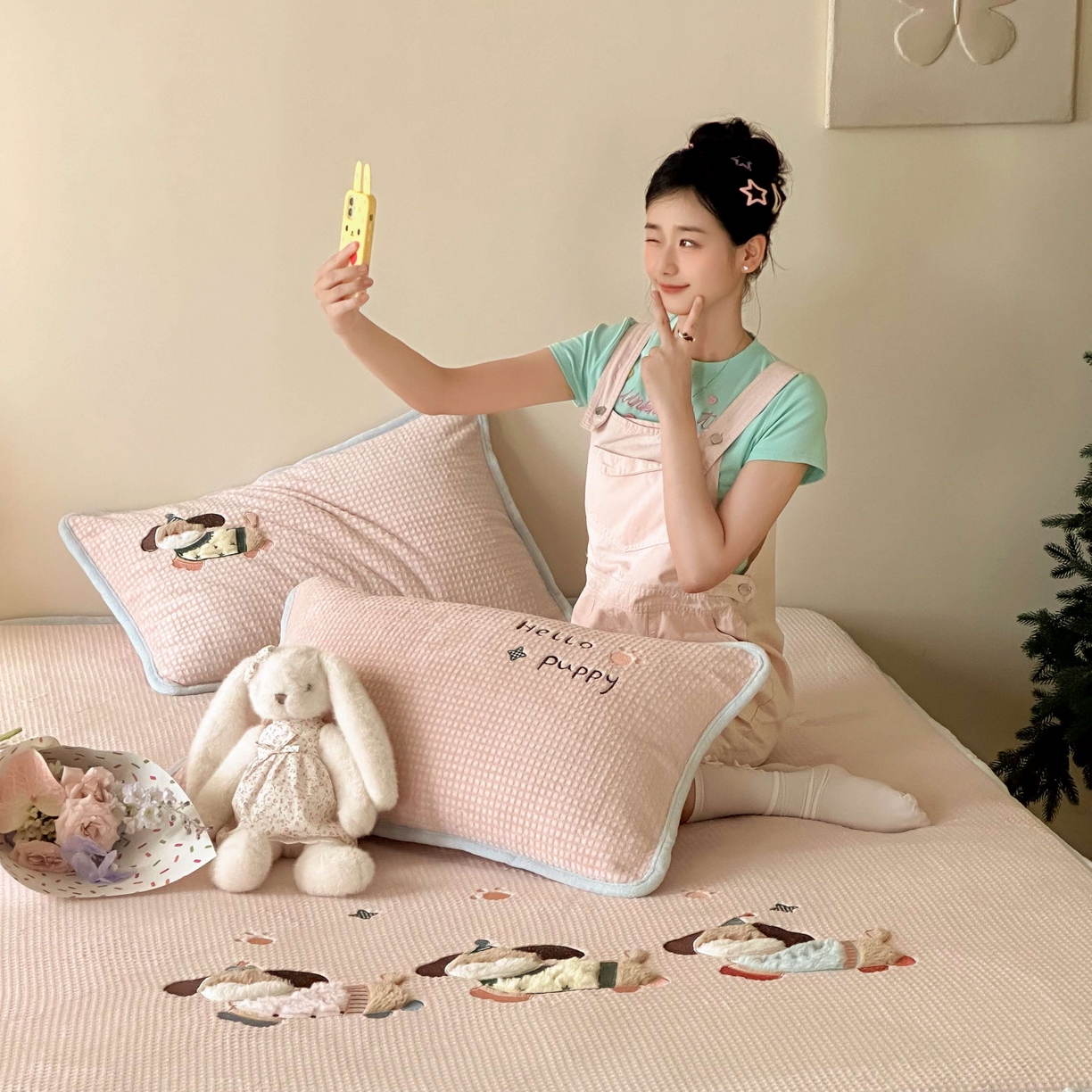 91家纺网 家纺一手货源 找家纺 （总）Sweet dreams甜梦 2025新款华夫格绒兔毛贴布床笠三件套