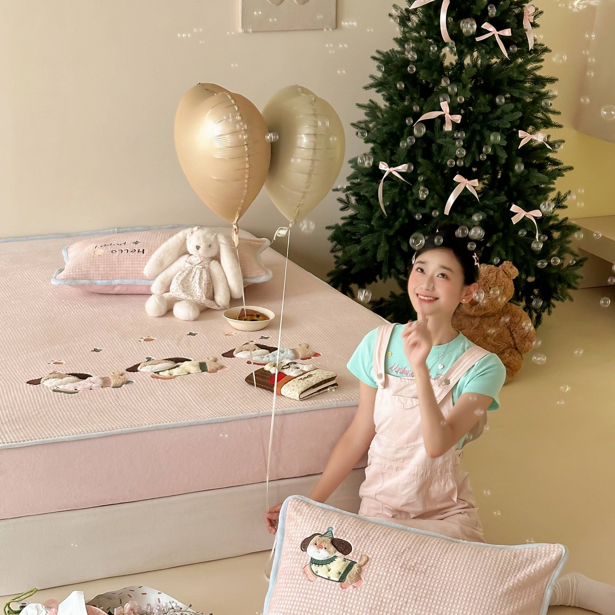 91家纺网 家纺一手货源 找家纺 Sweet dreams甜梦 2025新款华夫格绒兔毛贴布床笠三件套 三只小狗粉