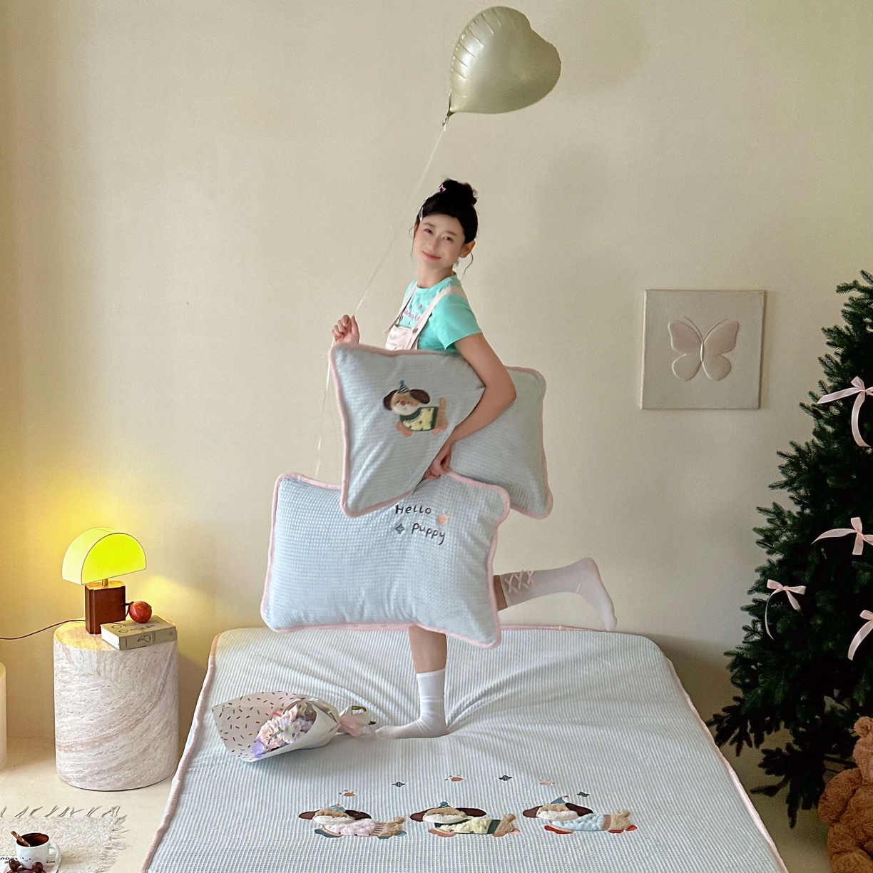 91家纺网 家纺一手货源 找家纺 Sweet dreams甜梦 2025新款华夫格绒兔毛贴布床笠三件套 三只小狗蓝