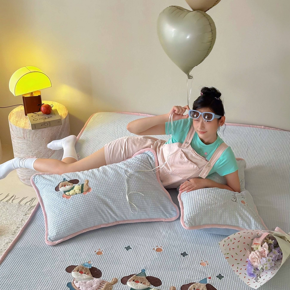 91家纺网 家纺一手货源 找家纺 Sweet dreams甜梦 2025新款华夫格绒兔毛贴布床笠三件套 三只小狗蓝