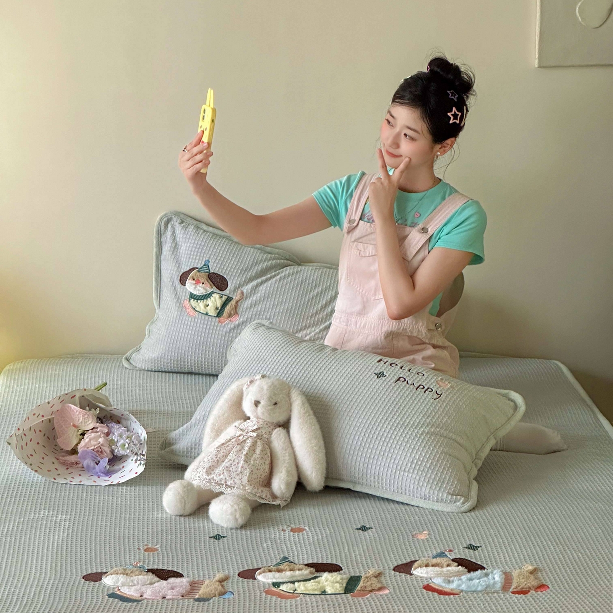 91家纺网 家纺一手货源 找家纺 Sweet dreams甜梦 2025新款华夫格绒兔毛贴布床笠三件套 三只小狗绿