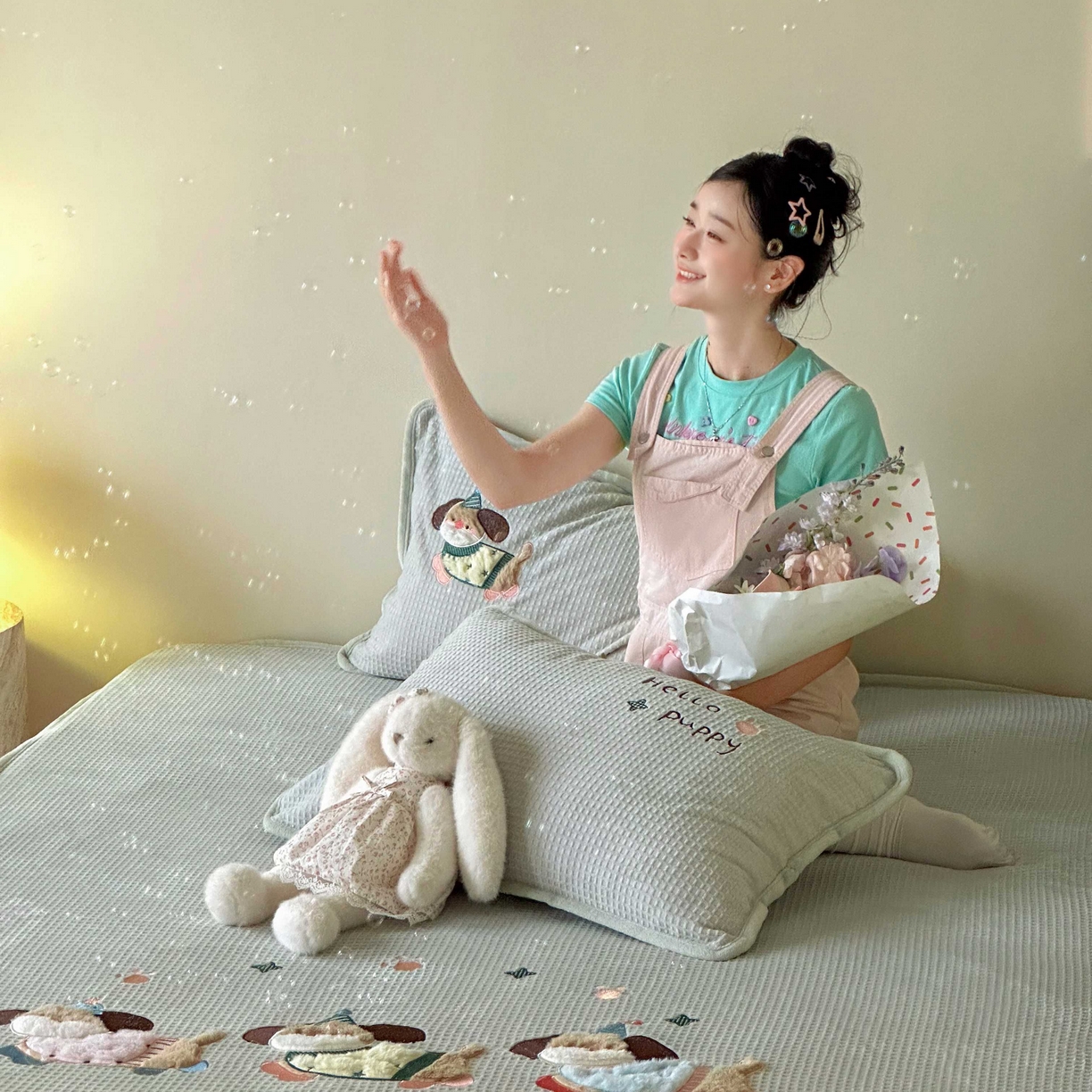 91家纺网 家纺一手货源 找家纺 Sweet dreams甜梦 2025新款华夫格绒兔毛贴布床笠三件套 三只小狗绿