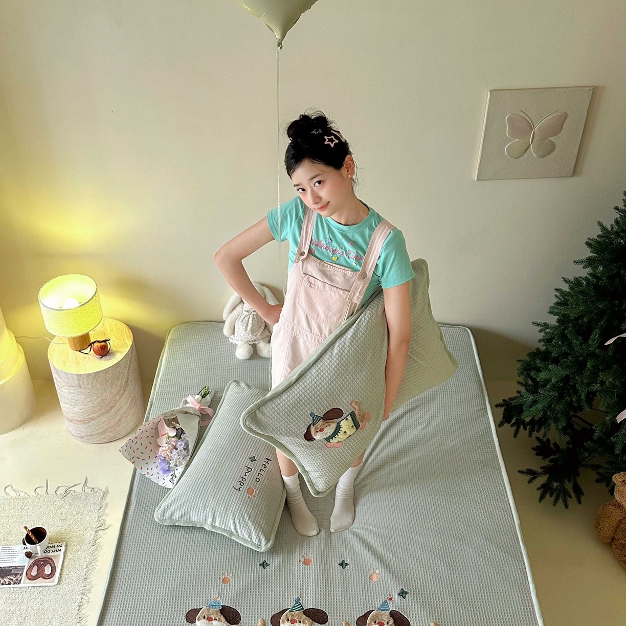 91家纺网 家纺一手货源 找家纺 Sweet dreams甜梦 2025新款华夫格绒兔毛贴布床笠三件套 三只小狗绿