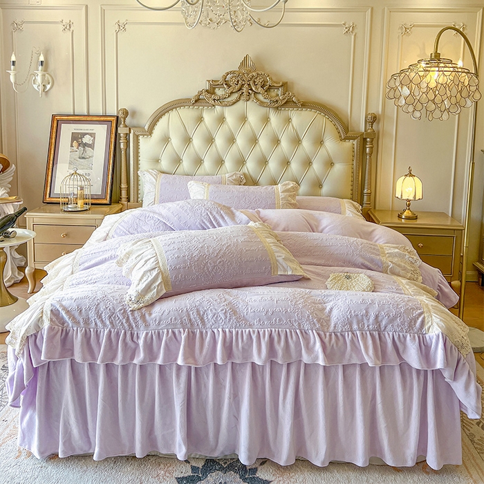 91家纺网 家纺一手货源 找家纺 （总）好儿喜家纺 2025新款法式雕花牛奶绒四件套床裙款-艾莉系列