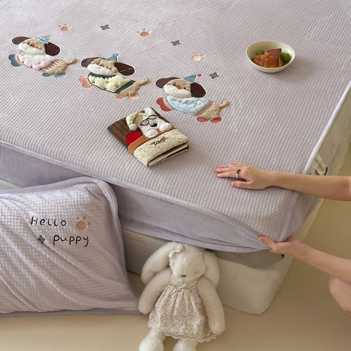 Sweet dreams甜梦 2025新款华夫格绒兔毛贴布床笠三件套 三只小狗紫