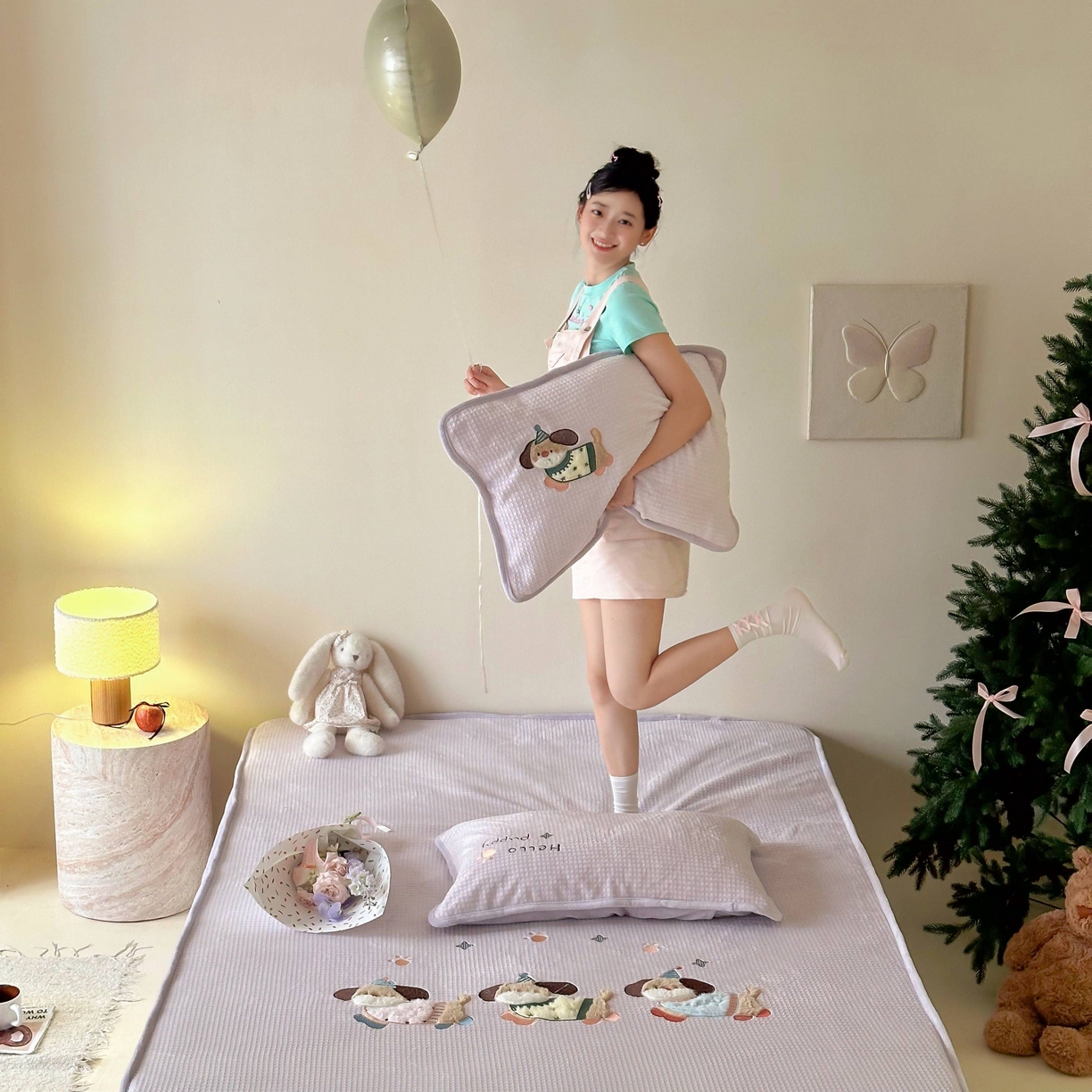 91家纺网 家纺一手货源 找家纺 Sweet dreams甜梦 2025新款华夫格绒兔毛贴布床笠三件套 三只小狗紫