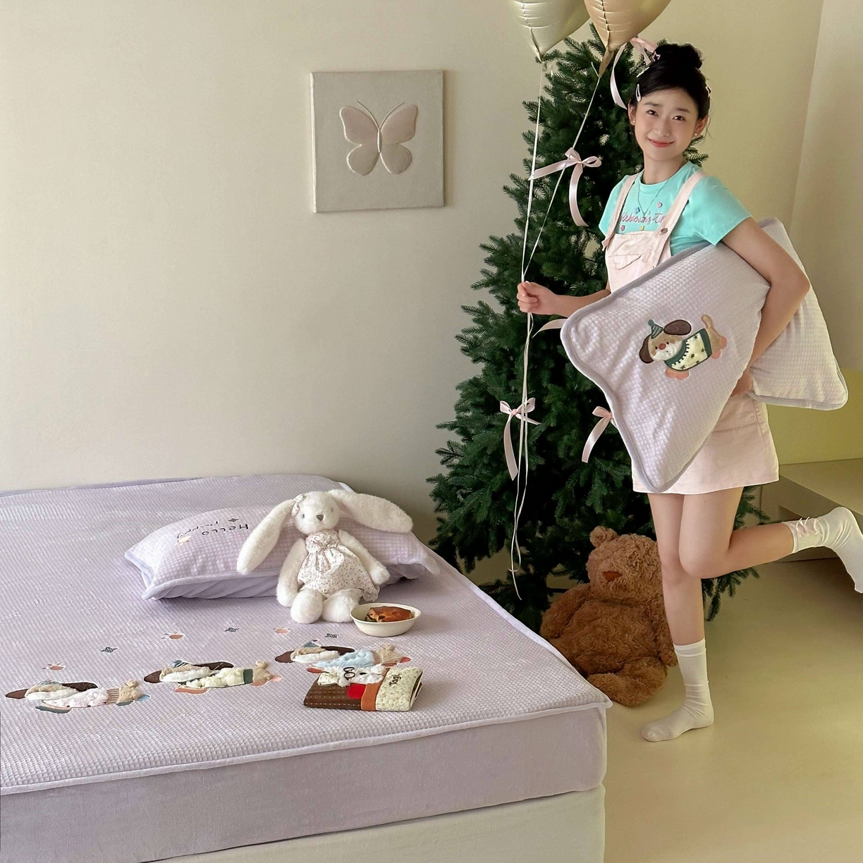 91家纺网 家纺一手货源 找家纺 Sweet dreams甜梦 2025新款华夫格绒兔毛贴布床笠三件套 三只小狗紫