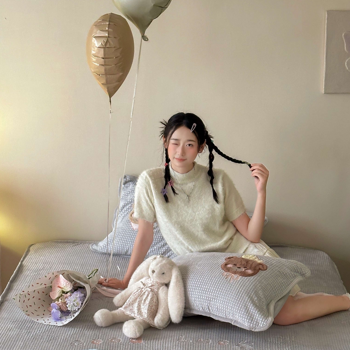 91家纺网 家纺一手货源 找家纺 Sweet dreams甜梦 2025新款华夫格绒兔毛贴布床笠三件套 三只小熊灰