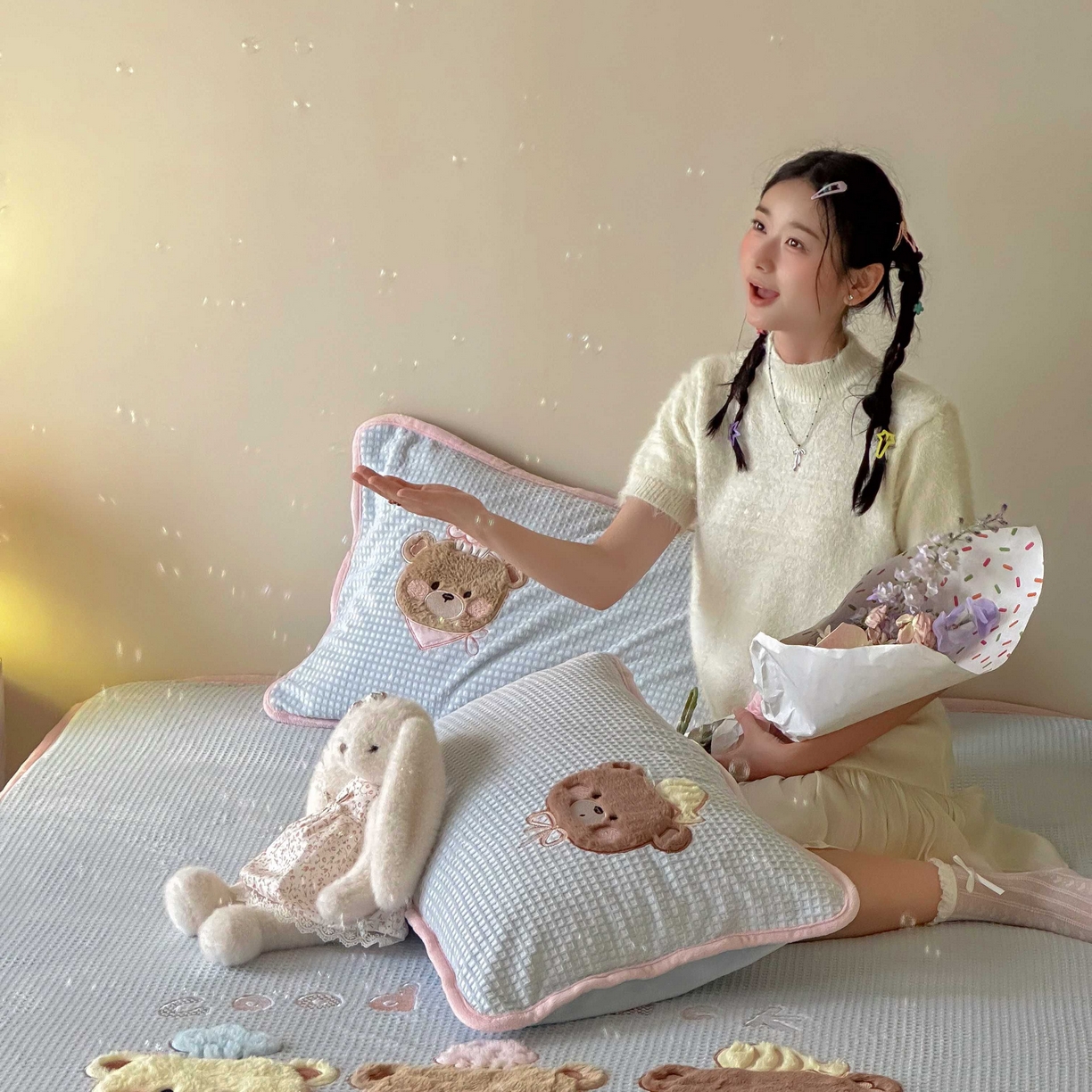 91家纺网 家纺一手货源 找家纺 Sweet dreams甜梦 2025新款华夫格绒兔毛贴布床笠三件套 三只小熊蓝