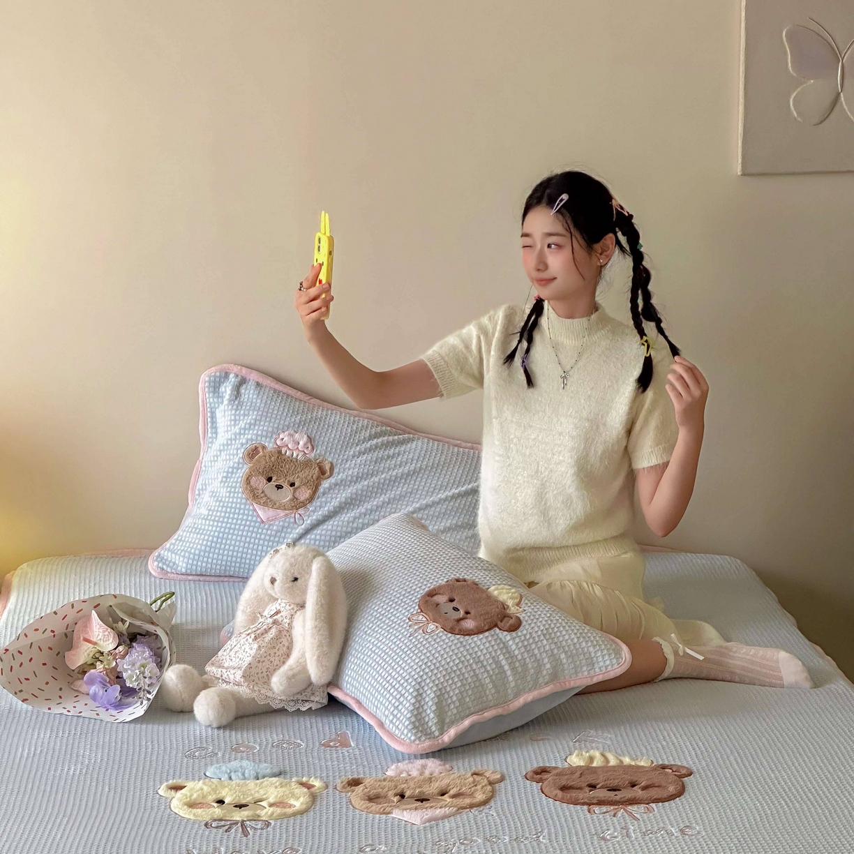 91家纺网 家纺一手货源 找家纺 Sweet dreams甜梦 2025新款华夫格绒兔毛贴布床笠三件套 三只小熊蓝