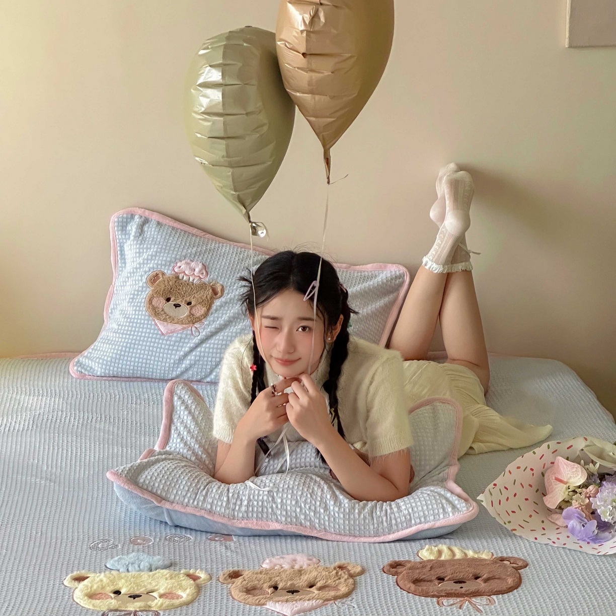 91家纺网 家纺一手货源 找家纺 Sweet dreams甜梦 2025新款华夫格绒兔毛贴布床笠三件套 三只小熊蓝