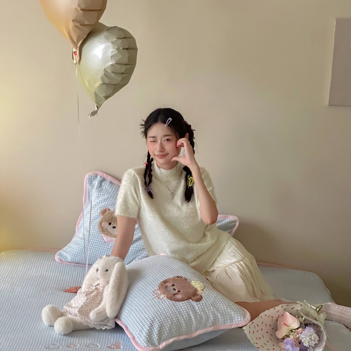 91家纺网 家纺一手货源 找家纺 Sweet dreams甜梦 2025新款华夫格绒兔毛贴布床笠三件套 三只小熊蓝