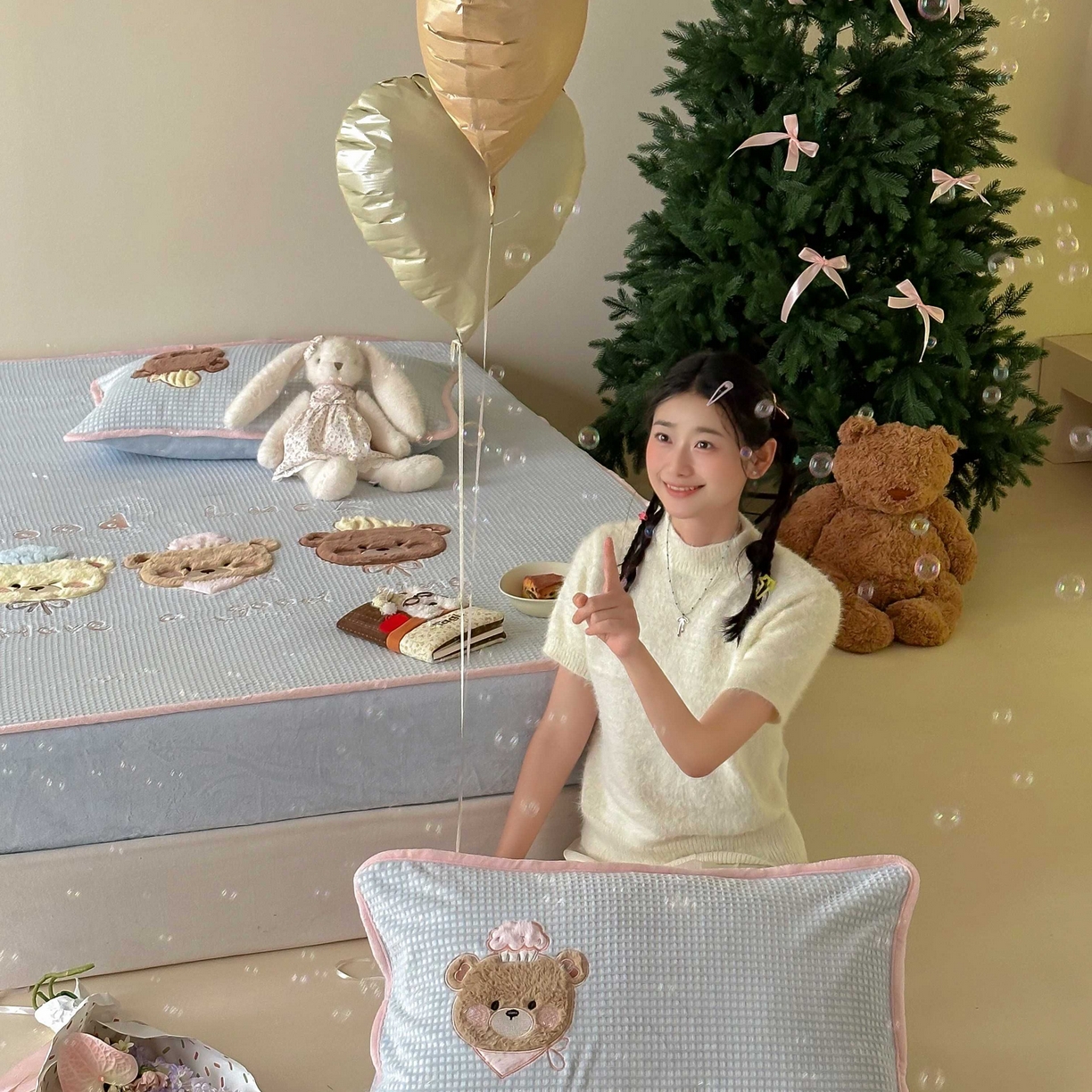 91家纺网 家纺一手货源 找家纺 Sweet dreams甜梦 2025新款华夫格绒兔毛贴布床笠三件套 三只小熊蓝