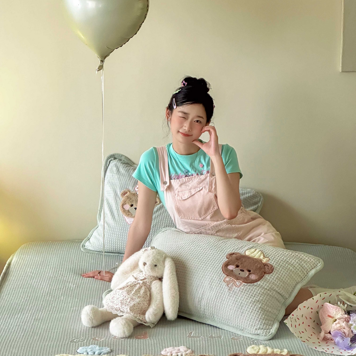 91家纺网 家纺一手货源 找家纺 Sweet dreams甜梦 2025新款华夫格绒兔毛贴布床笠三件套 三只小熊绿