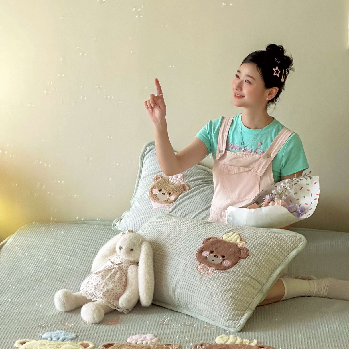 91家纺网 家纺一手货源 找家纺 Sweet dreams甜梦 2025新款华夫格绒兔毛贴布床笠三件套 三只小熊绿