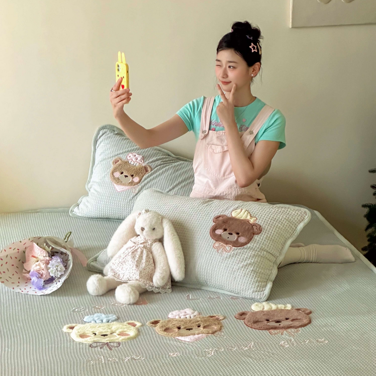 91家纺网 家纺一手货源 找家纺 Sweet dreams甜梦 2025新款华夫格绒兔毛贴布床笠三件套 三只小熊绿