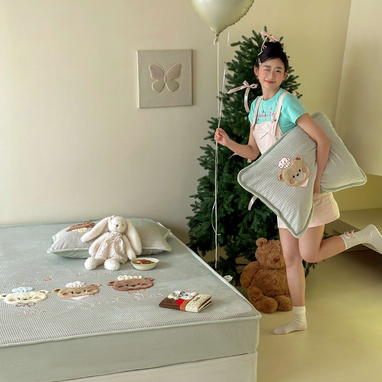 91家纺网 家纺一手货源 找家纺 Sweet dreams甜梦 2025新款华夫格绒兔毛贴布床笠三件套 三只小熊绿