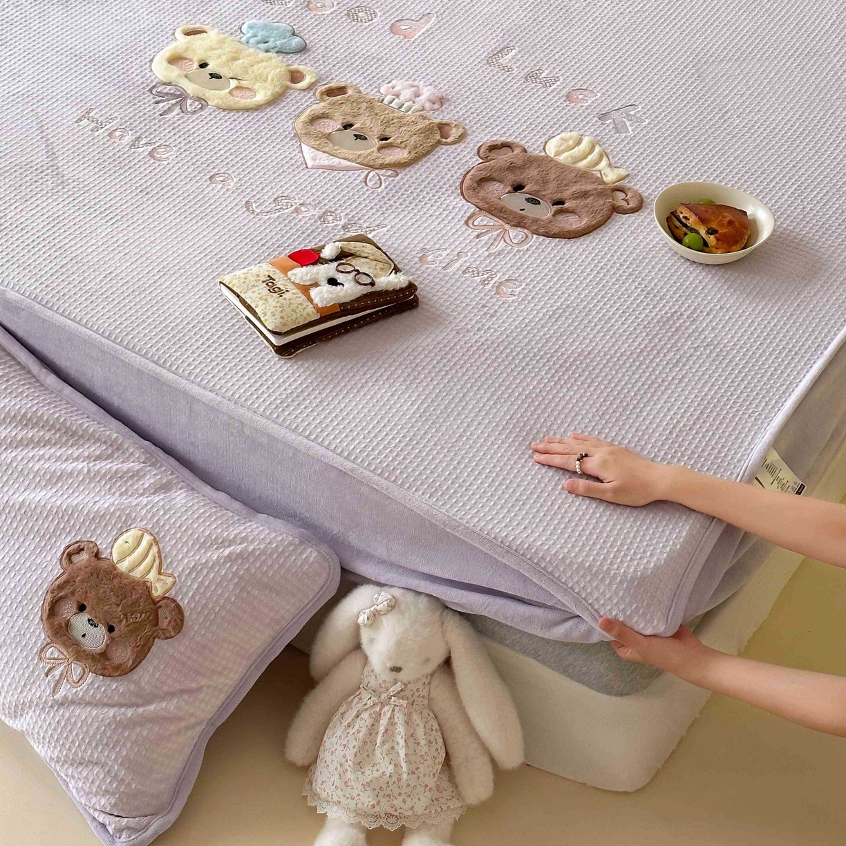 Sweet dreams甜梦 2025新款华夫格绒兔毛贴布床笠三件套 三只小熊紫