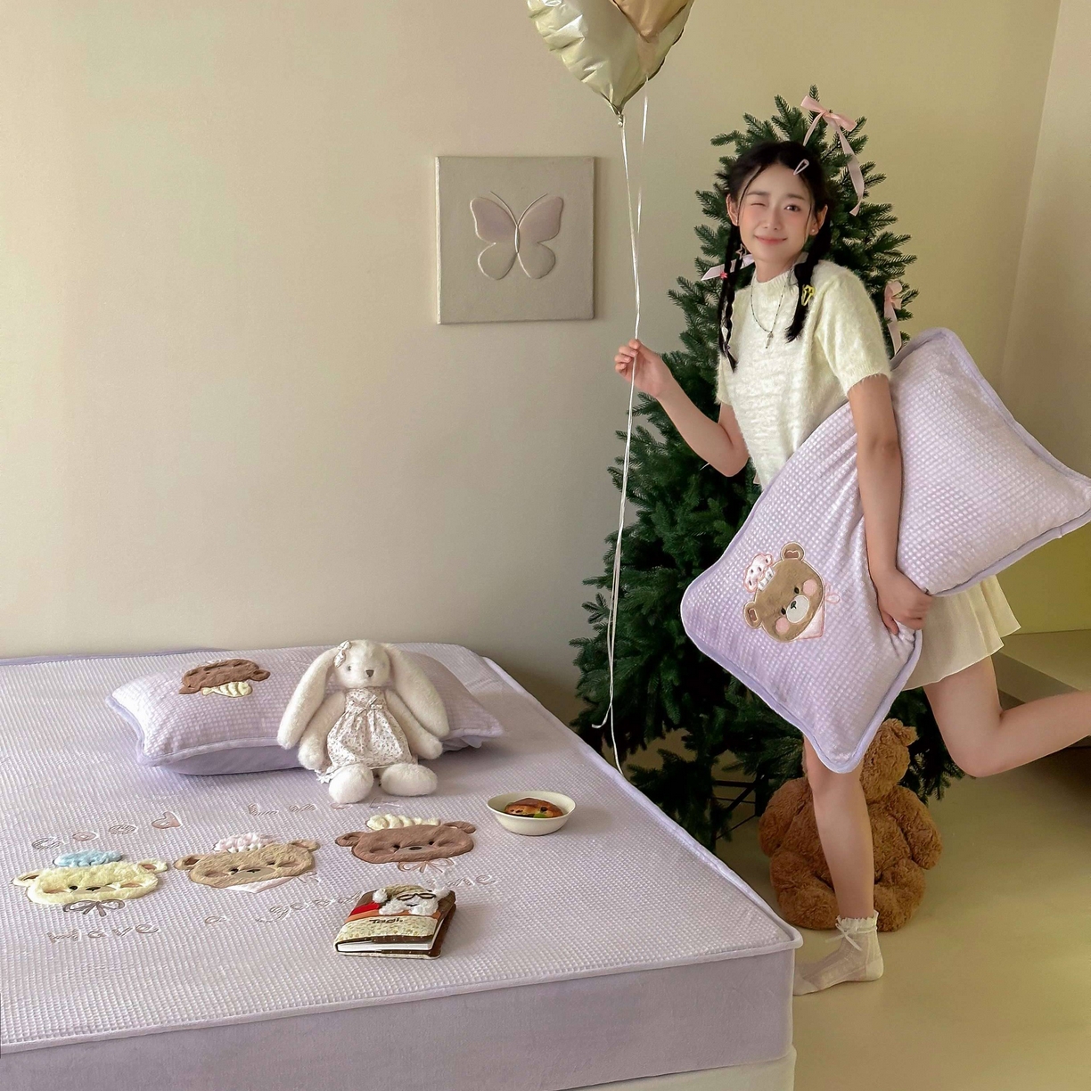 91家纺网 家纺一手货源 找家纺 Sweet dreams甜梦 2025新款华夫格绒兔毛贴布床笠三件套 三只小熊紫