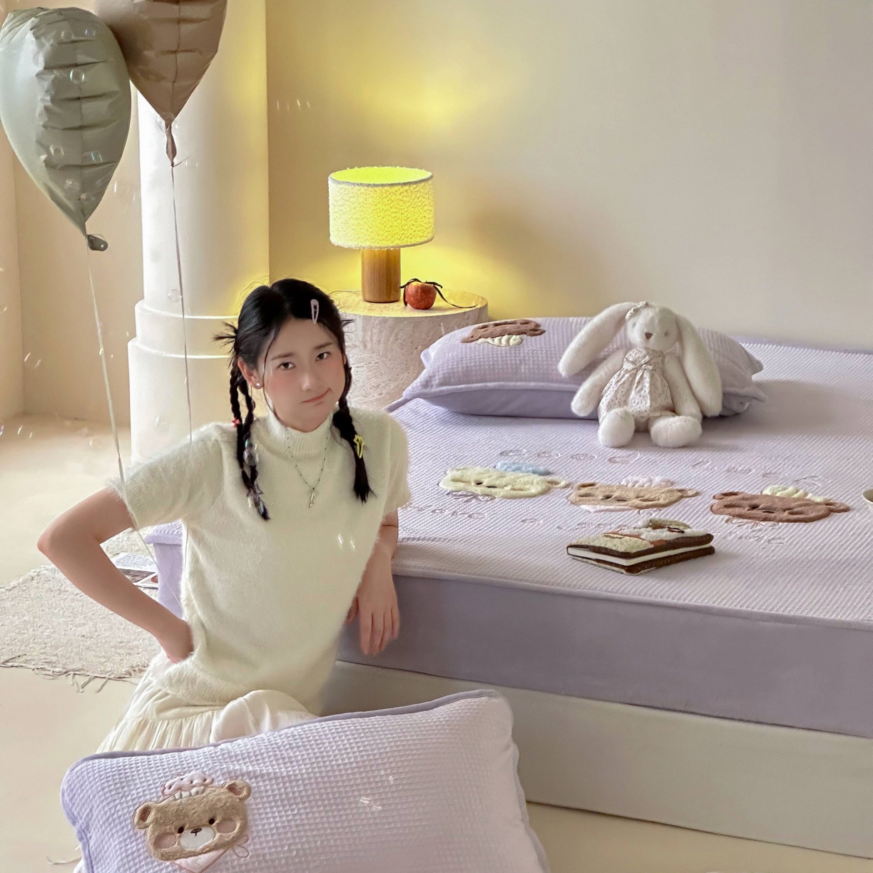 91家纺网 家纺一手货源 找家纺 Sweet dreams甜梦 2025新款华夫格绒兔毛贴布床笠三件套 三只小熊紫