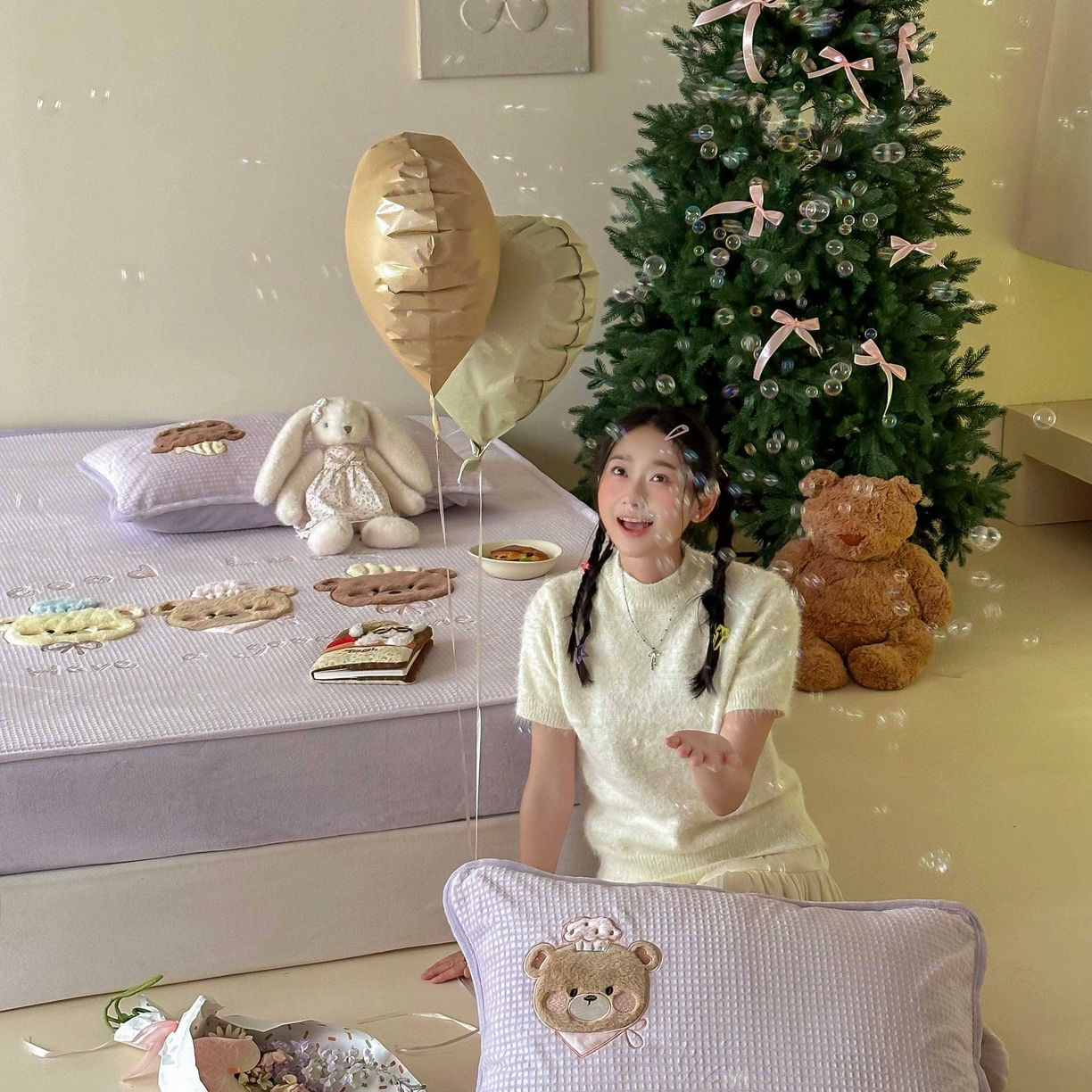 91家纺网 家纺一手货源 找家纺 Sweet dreams甜梦 2025新款华夫格绒兔毛贴布床笠三件套 三只小熊紫