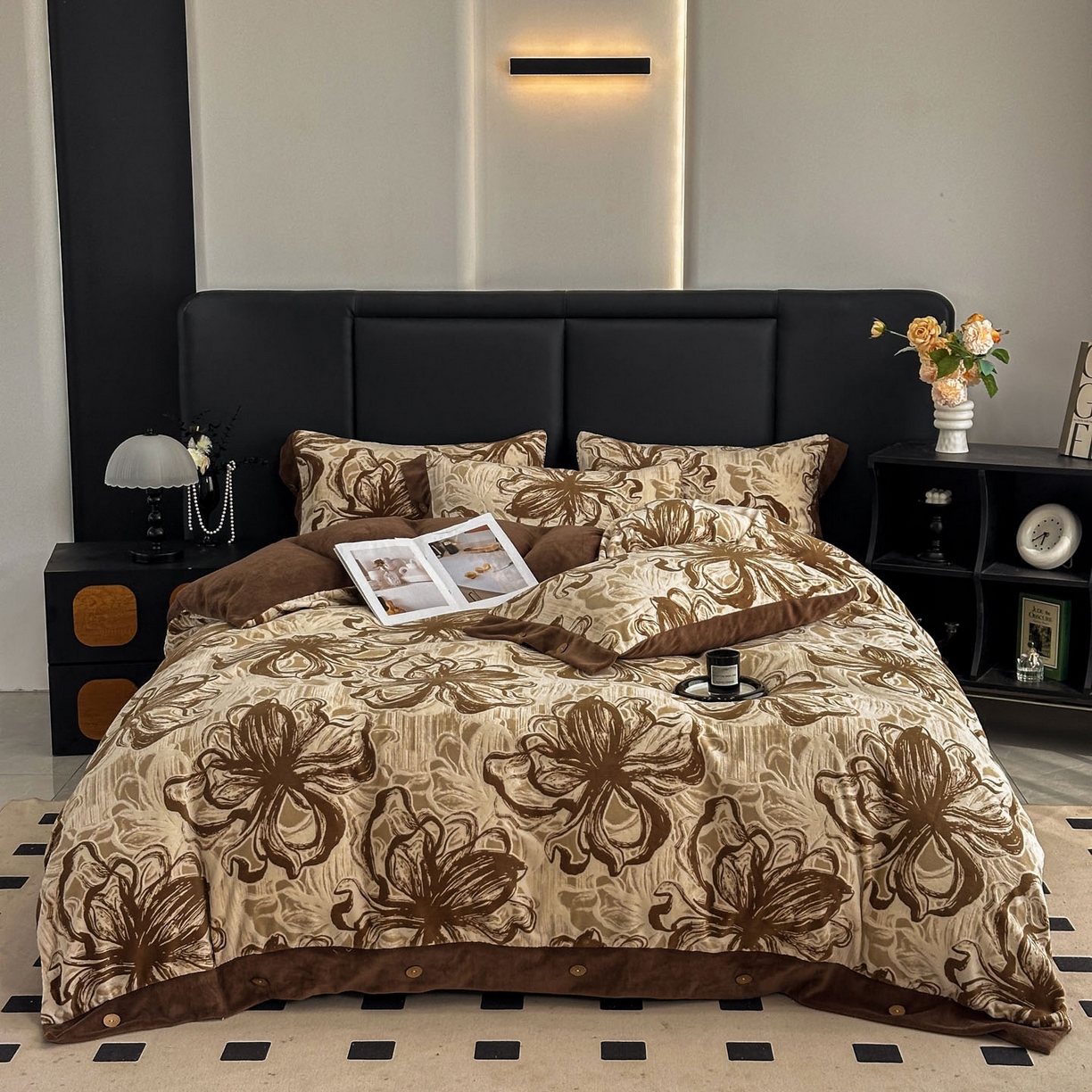 91家纺网 家纺一手货源 找家纺 （总）晚爱家纺（原晚安家居） 2025新款宽边纽扣款雕花绒四件套烂花立体雕花牛奶绒