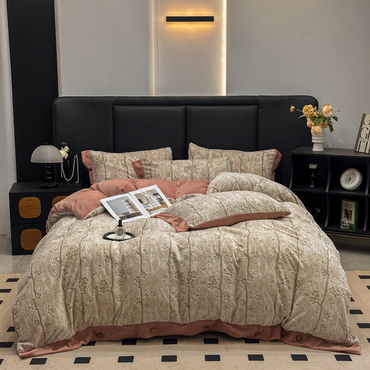 晚爱家纺（原晚安家居） 2025新款宽边纽扣款雕花绒四件套烂花立体雕花牛奶绒 寒冬-粉