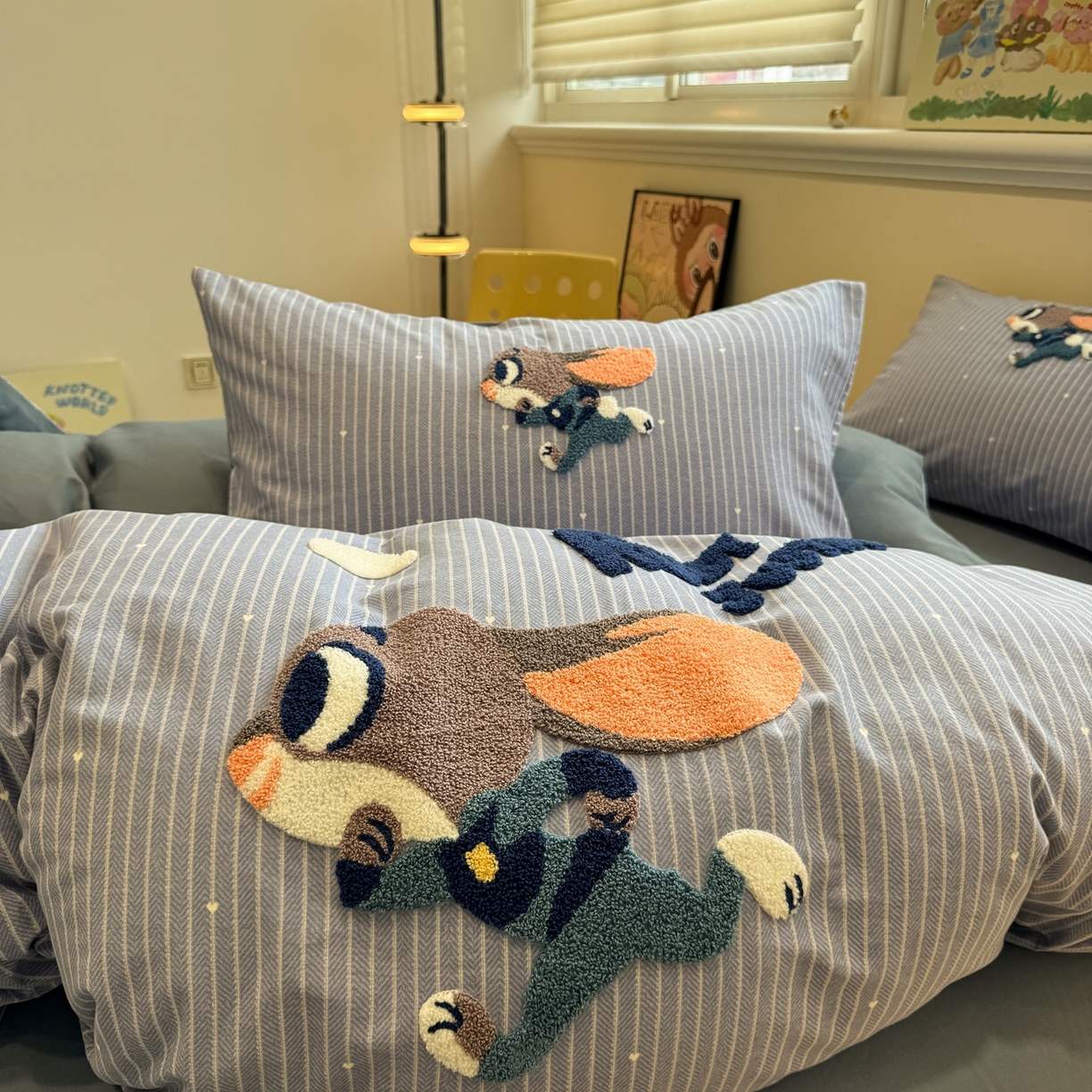 91家纺网 家纺一手货源 找家纺 慕尚家纺 2025新款全棉磨毛毛巾绣四件套 奔跑兔