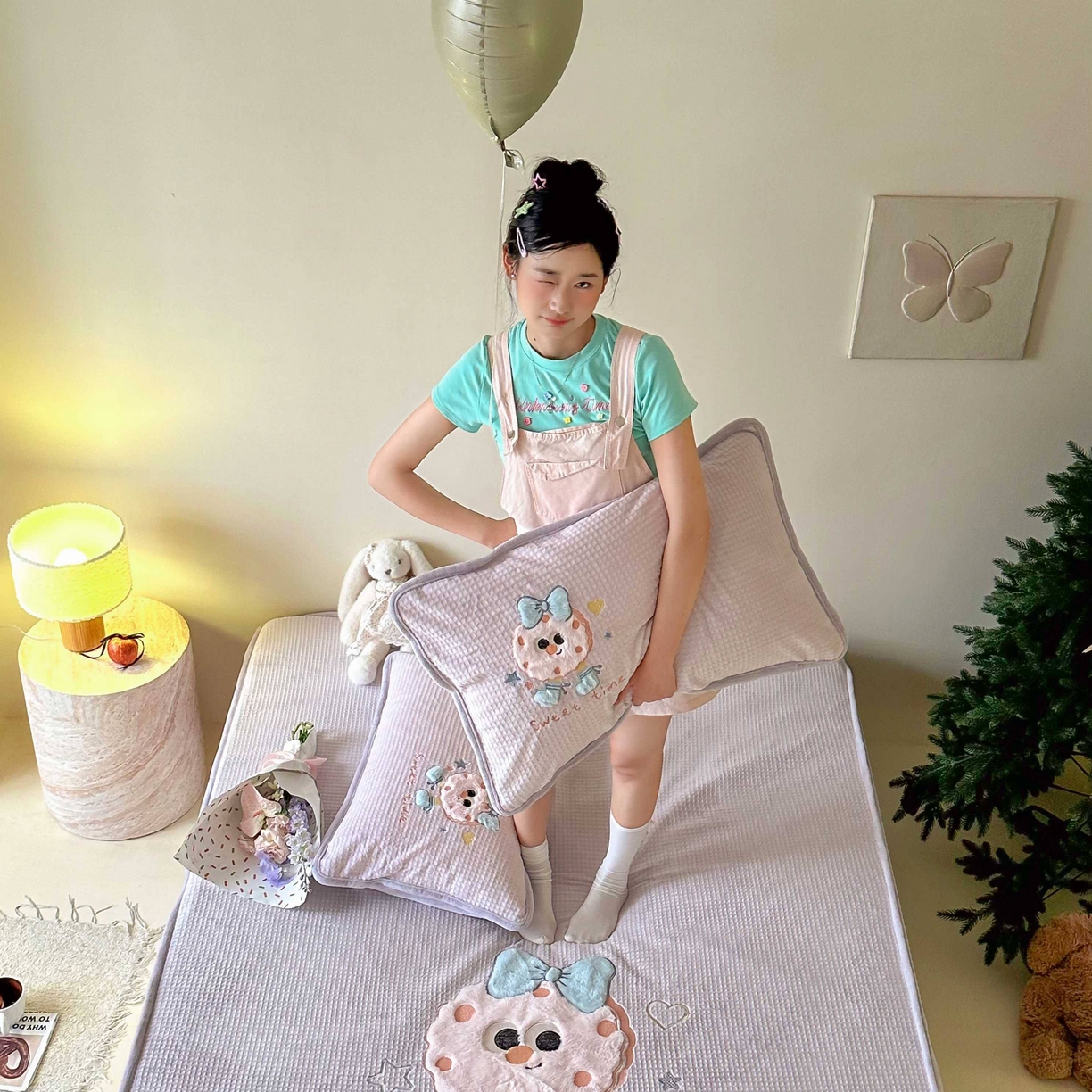 91家纺网 家纺一手货源 找家纺 Sweet dreams甜梦 2025新款华夫格绒兔毛贴布床笠三件套 甜甜圈紫